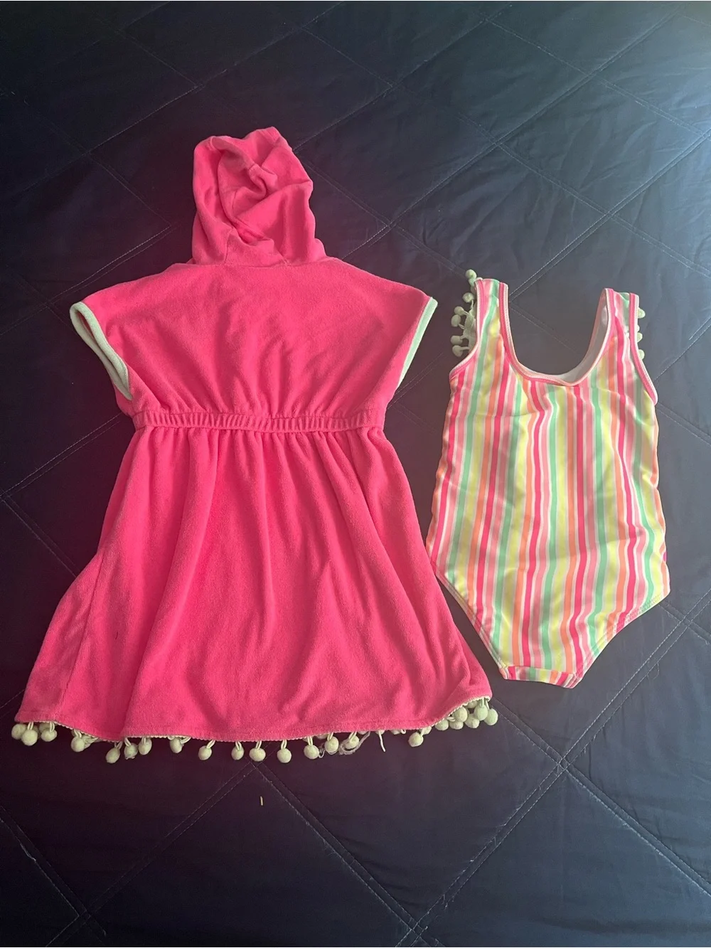Nicole Miller Pink Hooded Pom Pom Cover-Up with Striped Ruffle Swimsuit